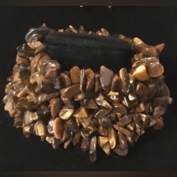 Semiprecious Tigers Eye Stone Crystal Wide 1.5” Band Bracelet 7”L Elastic EVC - Picture 10 of 10
